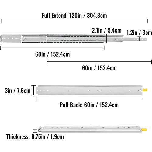 VEVOR Drawer Slides, 1 Pair 60inch Locking Drawer Slides, 500lbs Load Capacity (178 lbs When Fully Extended), Side Mount Ball Bearing Drawer Glides, Long Full Extension Drawer Slide