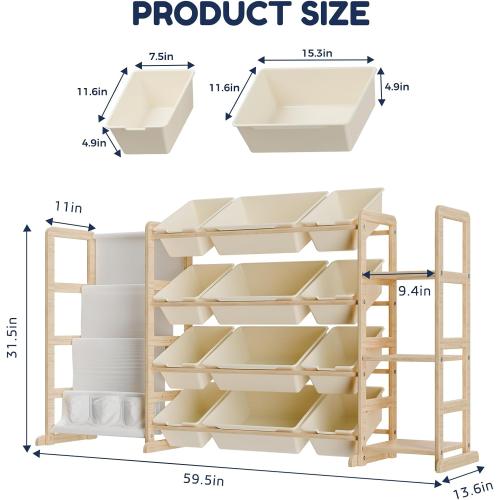 Large Toy Storage Organizer with 12 Bins, 4-Tier Bookshelf & 3 Side Shelves, 59 Wide Kids Room Organization, Easy Assembly for Playroom, Bedroom, Nursery Room, White