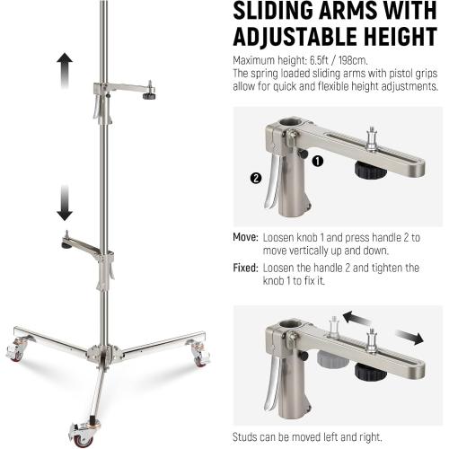 NEEWER 6.5ft/198cm Stainless Steel Light Stand, Heavy Duty Tripod Stand with Caster Wheels, 2 Sliding Arms with Pistol Grip, Folding Leg for Photography Softbox Monolight, Max. Load 35lb/16kg, ST198SS