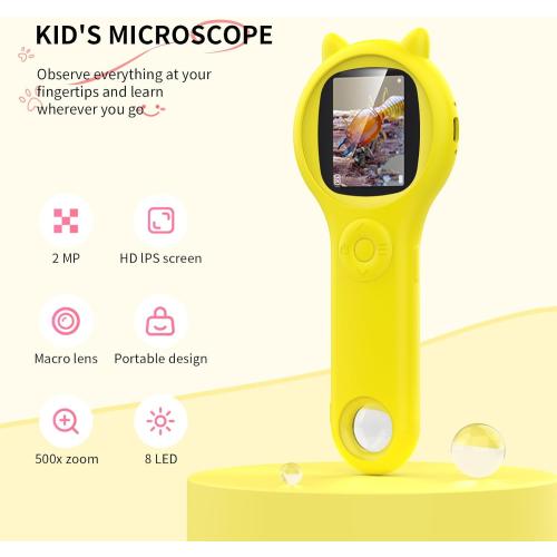 Handheld Microscope for Kids - Educational Science Toys, Christmas & Birthday Gifts for Age 5 6 7 8 9 10 11 12 Girls & Boys (Yellow)