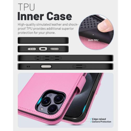 PINK OCASE Compatible with iPhone 16 Pro Max Wallet Case, PU Leather Flip Folio Case with Card Holders RFID Blocking Kickstand [Shockproof TPU Inner Shell] Phone Cover 6.9 Inch 2024, Pink