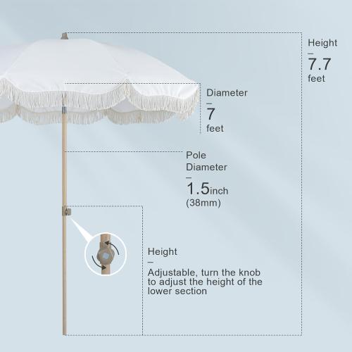 Tempera 6ft Boho Beach & Patio Umbrella with Fringe, Market Umbrellas with UPF 50  UV & Water-Resistant Canopy, 1.5 Wood Pole & Button Tilt.