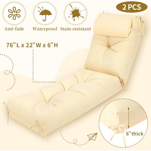 Wenqik Set of 2 Outdoor Chaise Lounge Cushions 76 x 22 x 6 Inch Waterproof Patio Furniture Chaise Cushion with Headrest Pillow Thick Tufted Lounge Pad for Lawn Pool Hotel(Beige)