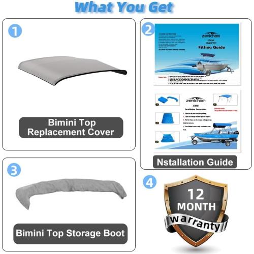 3 Bow Bimini Top Replacement Cover,  Polyester Waterproof Sun Shade Boat Canopy, Easy Install Zipper Sleeves Boat Awning/Without Frame,Gray 6