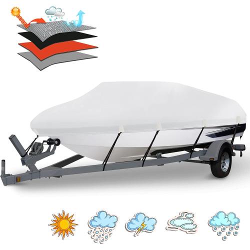 Heavy Duty 1200D PU Waterproof Boat Cover, 20'- 22' Trailerable Marine Grade Polyester Canvas, Fits 20-22ft V-Hull, Runabout, Fishing Boat, Tri-Hull, Pro-Style Bass Boat with Tightening Strap
