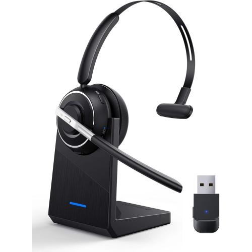 Bluetooth Headset, Wireless Headset with Microphone for PC, V5.2 Computer Headset with Noise Cancelling Mic, USB Dongle, Charging Base & Mute Button for Work, Cell Phones, Computer (Black)