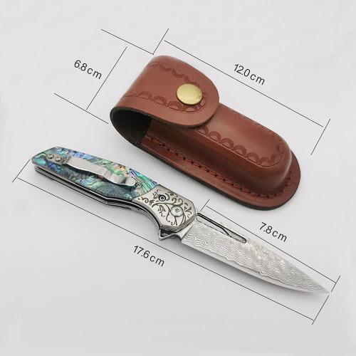 Pocket Knife Damascus Steel Blade, Abalone Shell Handle, Ball Bearing Pivot, Sheath & Pocket Clip for Everyday and Outdoor Camping EDC tool Excellent Gift