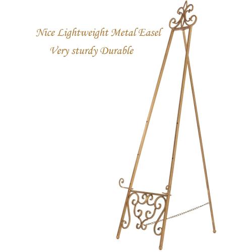 18.25L x 25.5W x 55H Metal Scroll Extra Large Free Standing Adjustable Display Stand Easel with Chain Support, Heavy Duty Easel for Sign, Wedding, Picture Frame, Mirror, Gold (No Assembly Required)