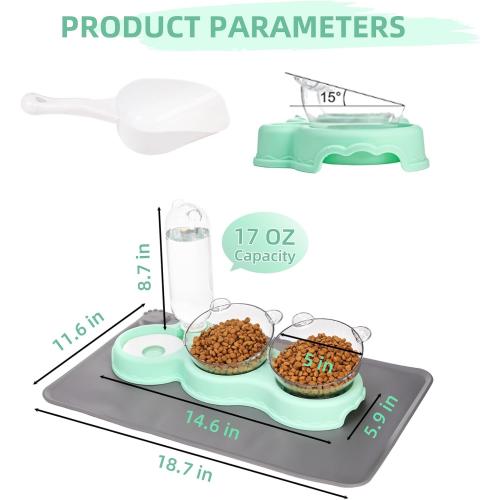 WRINGKIT Triple Cats Bowls, Cat Food Water Bowl with Mat and Scoop, 15° Tilted Raised Cat Bowl Dishes with Automatic Water Bottle, Pet Feeding Bowls for Cats, Small Dogs, Wet, Dry Food