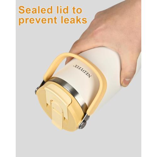 32 Oz Tumbler with Handle Vacuum Insulated Water Bottle Stainless Steel Tumbler Car Reusable Cup Cold for 12 Hours-Beige White