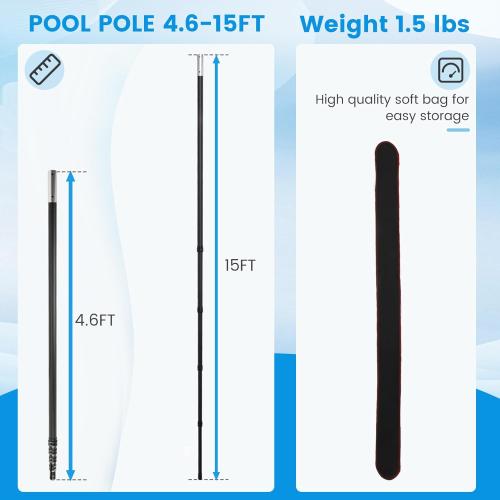 NEW Pool Pole Carbon Fiber, Premium15FT Pool Pole telescopic 4.6 to 15 FT, Adjustable 4 Piece Extendable Pool Cleaning Pole, Professional Pool Pole fit for Brushes, Vacuum, Nets, Skimmers, Rakes
