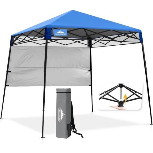 EAGLE PEAK 8x8 Pop Up Canopy Tent with Sidewall, Compact, Portable Slant Leg Instant Sun Shelter for Beach, Sports, & Camping, 8x8 Base 6x6 Top, Blue
