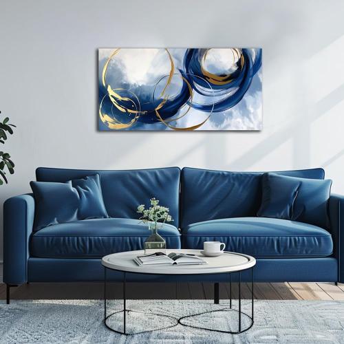 Abstract Wall Art Nave Blue Modern Canvas Pictures Art Print Gold Contemporary Artwork Painting Decor for Living Room Bedroom Home Office Decorations(20x40)