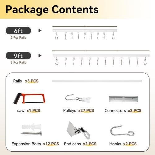 6ft - 9ft Curtain Track, Ceiling Curtain Track for Room Divider, Ceiling Mount Rail Set with Roller Hooks, White, 6ft - 9ft