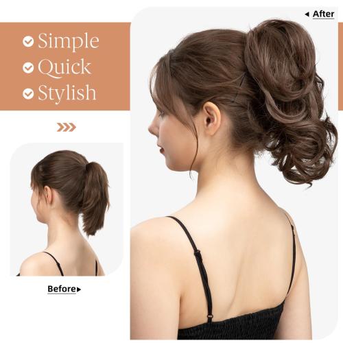 CJL HAIR Claw Clip Short Ponytail Hair Extensions DIY Bendable Metals Messy Bun Hair Piece for Wonen Wavy Curly Synthetic Fake Hairpieces Black Brown