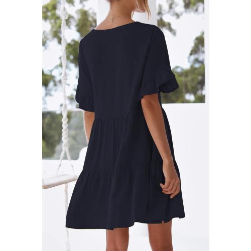 Size XL Color Dark Blue nclook Womens Summer Casual Dresses Sweet Cute Crew Neck Mini Dress with Pockets Ruffle Short Sleeve