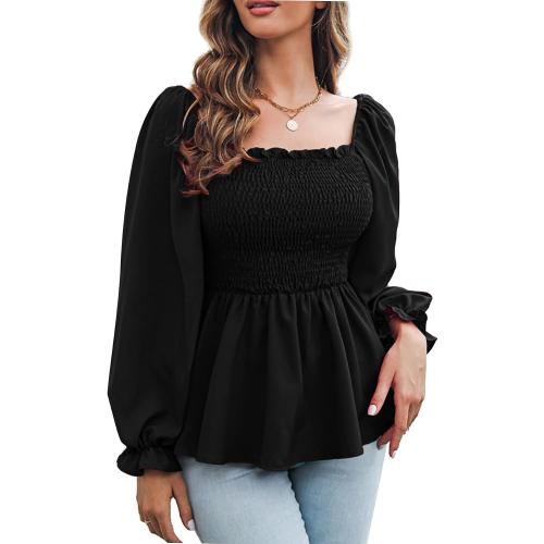 Size XL Vrtige Women's Square Neck Shirred Ruffle Hem Long Sleeve Blouse Shirt Peplum Top