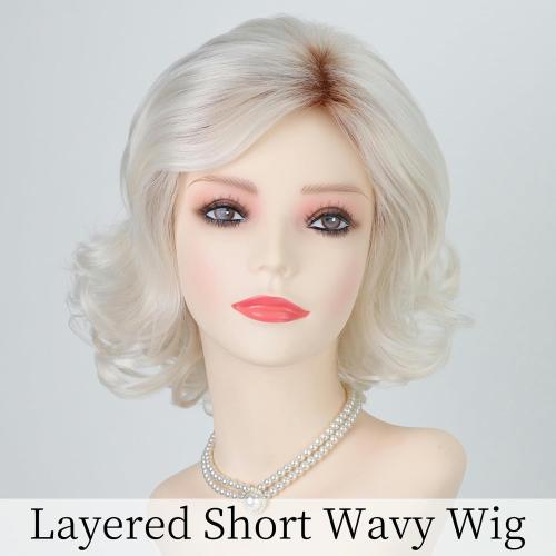 RENERSHOW Short Platinum Blonde Wave Curly Wigs for White Women 12inch Ombre Wavy Bob Wig Side Part Synthetic Average Size Wig Natural Looking Daily Party Wig