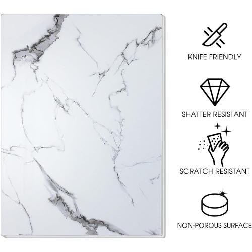JAMBALAY Tempered Glass Cutting Board for Kitchen 12x 16 White Glass Cutting Board with Design, Marble Chopping Board with Non-Slip Foot, Heat & Shatter Resistant, Dishwasher