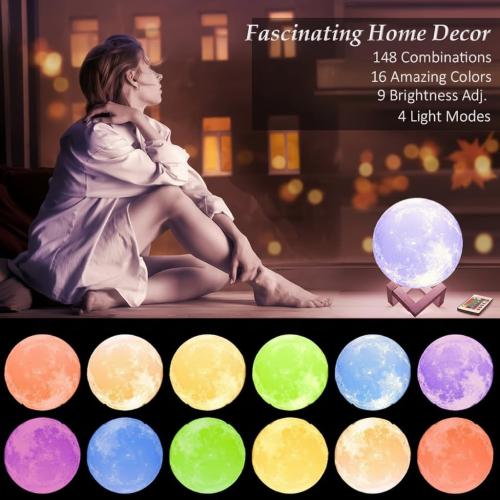 Mydethun 3D Moon Lamp with 16 Colors, 148 Lighting Modes, 15cm Rechargeable Dimmable Night Light with Wooden Stand – Unique Gift for Women, Mothers, Children, Bedroom, Tabletop