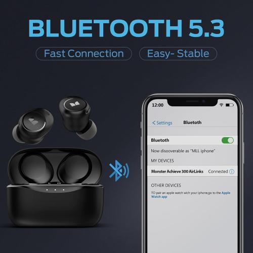 Monster Wireless Earbuds, Achieve 300 AirLinks Headphones Touch Control with Bluetooth 5.3 in-Ear Stereo Headphones, USB-C Quick Charge, Bluetooth Earbuds