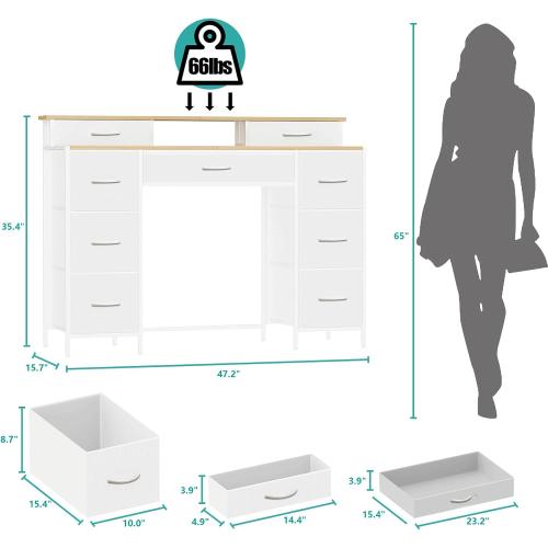 VASICAR Dresser for Bedroom with 9 Drawers & 2 Open Shelves, Fabric Storage Cabinet, Chest of Drawers, Long Dresser for Closet, Wooden Top & Metal Frame, Classic White