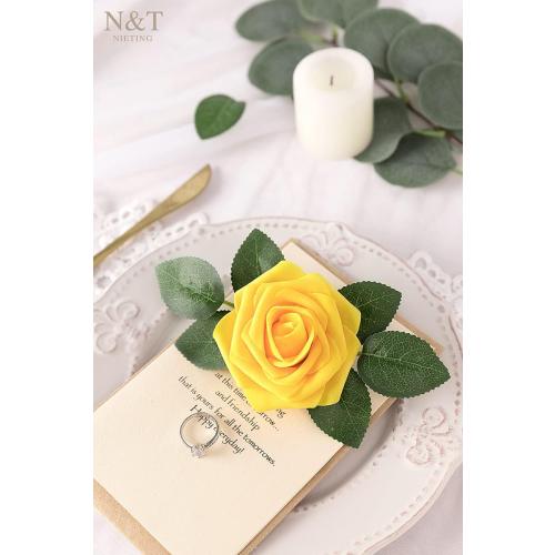 N&T NIETING Artificial Flowers, 25Pcs Fake Flowers Fall Roses Perfect for DIY Wedding Bouquets Centerpieces Bridal Shower Party Home Flower Arrangement Decorations, Gold