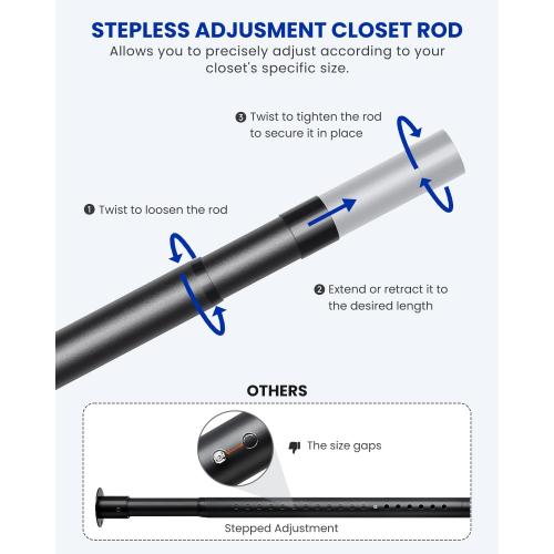 Closet Rods for Hanging Clothes, 17 to 129 Inches Stepless Adjustable Metal Closet Rod, 1.3 Inches Heavy Duty Clothes Hanging Rod for Closet Wardrobes Laundry RV, Black