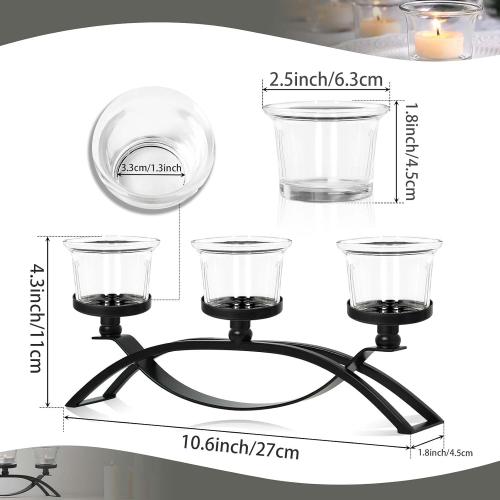 3-Arm Metal Tea Light Candle Holder Set with 5 Glass Cups, Votive Candle Holders Centerpiece Candelabra for Wedding Table Decor, Home Gatherings and Holidays (Black, 5 Cups)