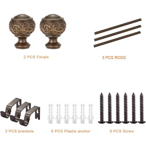 Decorative Window Curtain Rod 1-Inch Diameter with Modern Design Floral Carved Ball Finials, Drapery Curtain Pole Extends from 72 to 144 Inches,Floral Antique Bronze