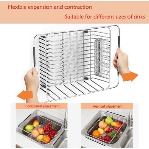 NiuYichee Stainless Steel Dish Drying Rack(15L X 11W X 4.1H), Expandable Fruit & Vegetable Drain Rack over Sink, Dish Drainer Rack in Sink, with Stainless Steel Utensil Holder & Silicone Mat(16)