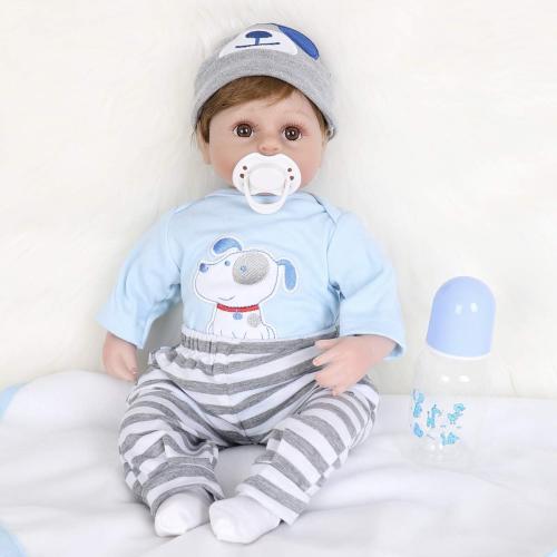 ENADOLL Reborn Baby Doll Realistic Silicone Vinyl Baby Blue Dog Boy 16 inch Weighted Soft Body Lifelike Doll Gift Set for Ages 3