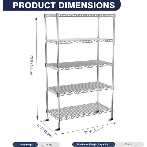 5-Tier Heavy Duty Metal Shelf,Chrome Wire Shelving Unit 35Wx18Dx71H | Height Adjustable Storage Wire Shelves with Lockable Wheels for Garage,Kitchen,Office,Bathroom,Studio