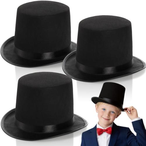 3 Pack Black Felt Top Hats for Kids, Funny Party Hat, Tall Victorian Tuxedo Costume Hats, Dress Up Hat, Coachman Hats for Cosplay, Stage Performance