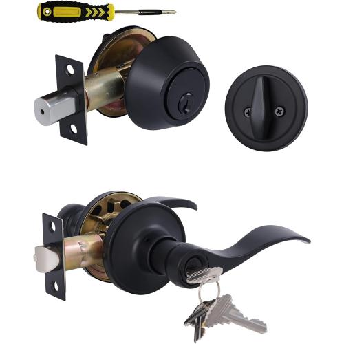 Lanwandeng Keyed Alike Front Door Lever Lockset with Single Cylinder Deadbolt Combination Set, All Keyed Same Exterior Door Handle with Lock and Deadbolt, Matte Finished