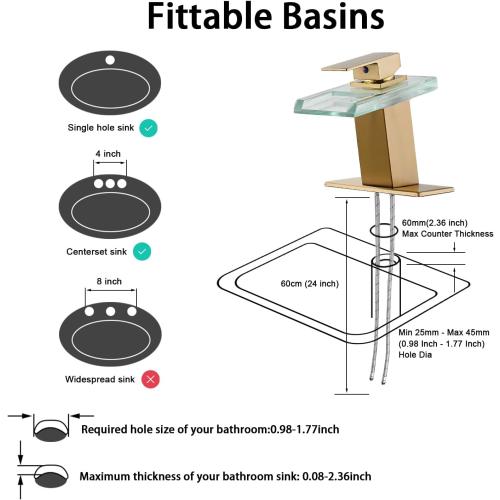 LED Bathroom Sink Faucet, Brushed Gold Waterfall Single Hole Handle Vanity Faucets for Sinks 1 Hole with Metal Pop Up Drain and 2 Water Supply Lines, Open Glass Spout