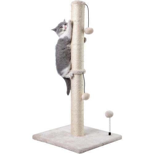 34” Tall Cat Scratching Post Premium Basics Kitten Scratcher Sisal Scratch Posts Trees with Hanging Ball for Indoor Cats, Beige