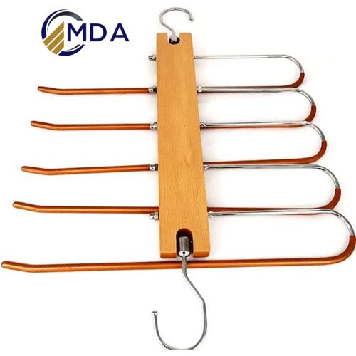 Wooden Pant Hanger - 5 Layers Space Saver - Trouser Hanger, Space-Saving 5-in-1 Trouser Hanger, Stainless Steel Extendible, Multi Hanger, Magic Hanger, Wardrobe Clothes Hanger Holder