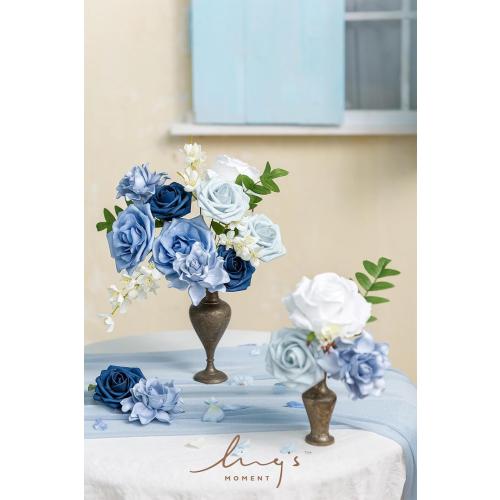 Ling's moment Artificial Flowers Fake Silk Roses Faux Foam Gardenia Combo for DIY Wedding Bouquets Centerpieces Arrangements Bridal Shower Party Home Decorations, Dusty Blue & Ivory, 23pcs