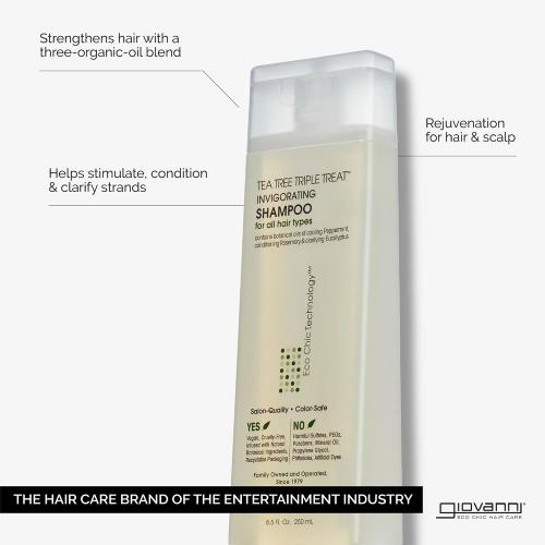 GIOVANNI Tea Tree Triple Treat Invigorating Shampoo - Cooling Peppermint, Eucalyptus & Rosemary, Helps Strengthen & Rejuvenate Hair & Scalp, Salon Quality, Paraben Free, Tea Tree Shampoo - 8.5 oz