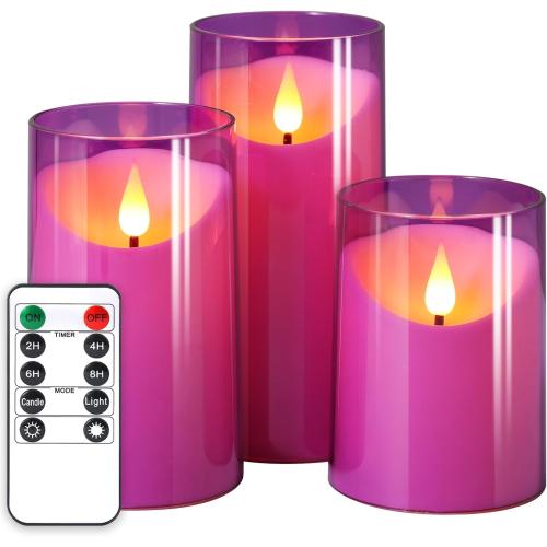 NURADA Flameless Candles: 3D Wick Unbreakable Acrylic Battery Operated LED Pillar Candles - Battery Candles with Remote and Timer for Table Wedding Centerpieces Party Decor 3 Pack Purple