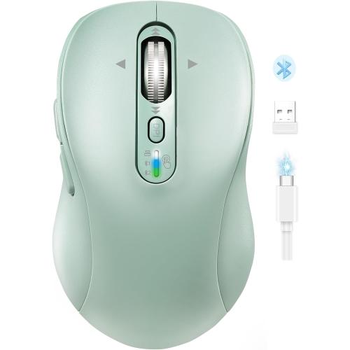 Wireless Bluetooth Mouse for Laptop,USB BT×2,Quiet Ergo Computer Mouses,Metal 4-Way Super Scrolling,± 3200 DPI,Rechargeable,10 Button,Plug&Play,Multi Device Cordless Mice for iPad,Tablet,Mac,PC(Green)