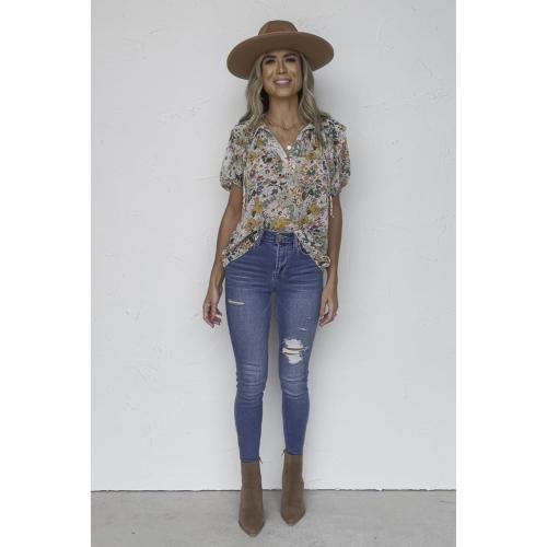 Size XL ..Women's Casual Chiffon Crew Neck Floral Print Ruffle Bubble Sleeve Blouse Fashion Loose Soft Summer Shirt Pullover Top