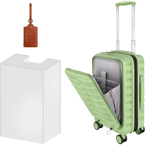 Size 22×14×9 Color Green Airline Approved Carry On Luggage with Front Open Pocket, Spinner Wheels, ABS PC Hardshell Small 20inch Suitcase with Protective Cover and Luggage Tag, Avocado Green