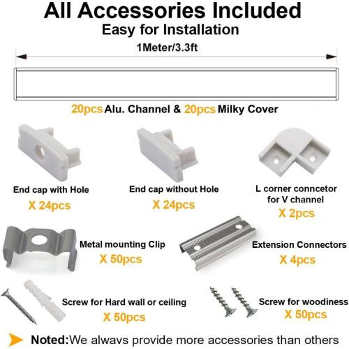hunhun 20-Pack 3.3ft/1Meter U Shape LED Aluminum Channel System with Milky Cover, End Caps and Mounting Clips, Aluminum Profile for LED Strip Light Installations, Very Easy Installation