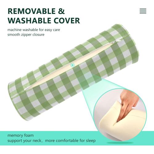 Green Stripes Plaid Neck Pillow Cervical Neck Roll Pillow with Removable Washable Cover Memory Foam Neck Pillows for Sleeping Support Cylinder Pillows for Bed Back Legs Yoga 5.5 x 17 inches
