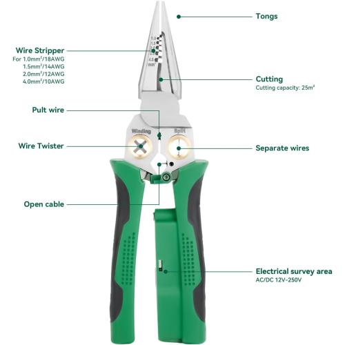 8 In 1 Wire Stripper With Voltage Tester, Multi-Function Electric Wire Stripping Tool For Cutting And Pulling Pliers, Electrician Repair Tool, Wire Strippers Electrical (Green)