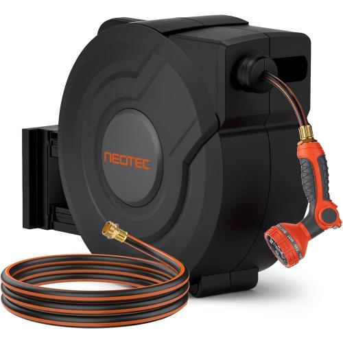 NEOTEC Retractable Garden Hose Reel 1/2 inch x 130ft - Wall Mounted Heavy Duty Hose Reel with 3/4 Inch Brass Fittings & 9-Pattern Nozzle - Auto Rewind System, Any Length Lock, 180° Swivel Bracket