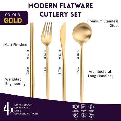 Matte Gold Utensils Set - 16-piece KiiZYs Cutlery Stainless Steel Silverware - Flatware Set Korean Chopsticks Fork Spoon Knife - Cubiertos Dorados Dishwasher Safe Gift Box (Gold, Service for 4)