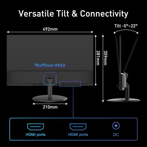 SANSUI 22 Inch 120Hz Monitor, FHD Computer Monitor 4000:1 Contrast Ratio with Adaptive Sync, HDR 100% sRGB, HDMI x 2, VESA Mount, Eye Care for Home/Office (ES-22X3AH, One HDMI Cable Included).